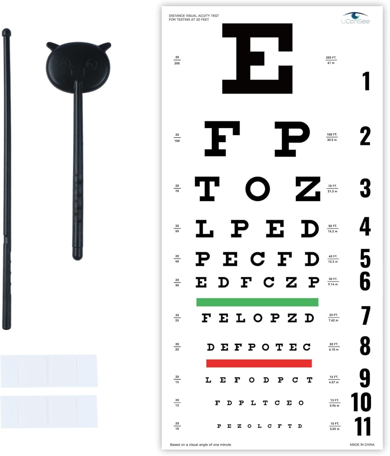 TEST DE SNELLEN - TABLA DE AGUDEZA VISUAL CON OCLUSOR Y PUNTERO 20 PIES CON LUZ LED