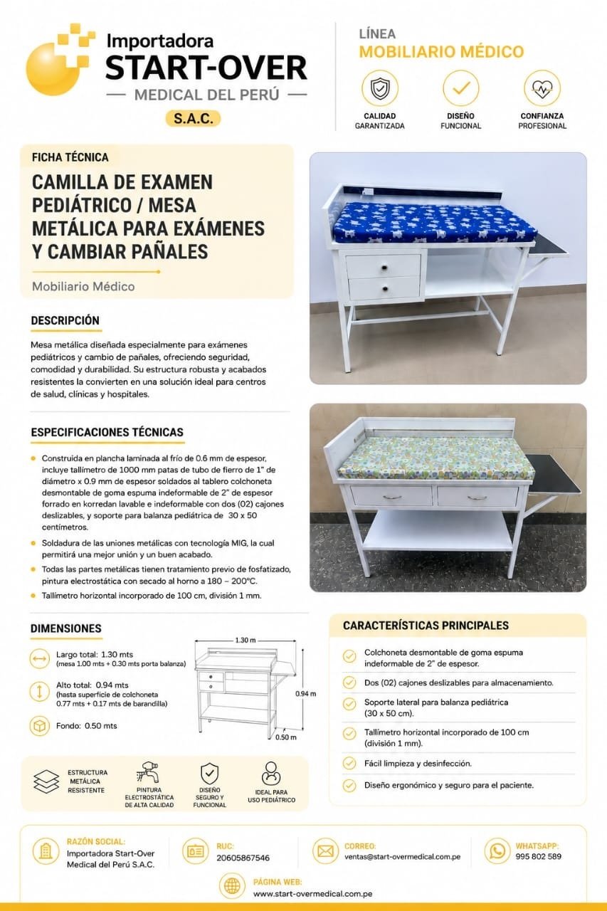 Camilla de exámen Pediátrico / Mesa Metálica para exámenes y cambiar pañales