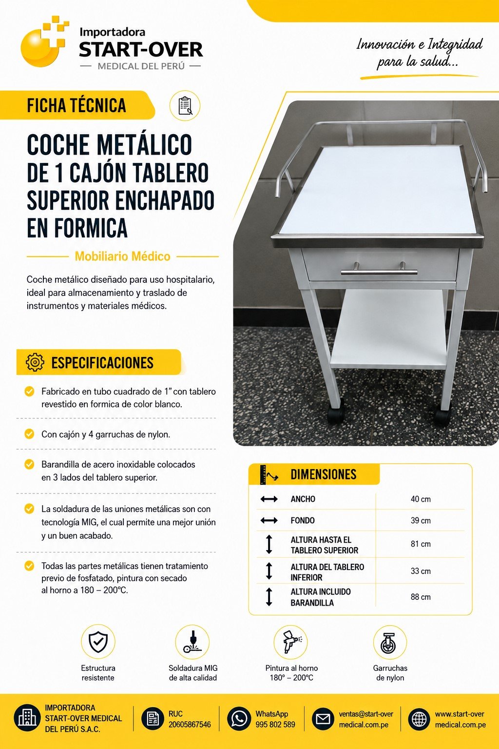 Coche Metálico de 01 Cajón Tablero Superior Enchapado en Formica