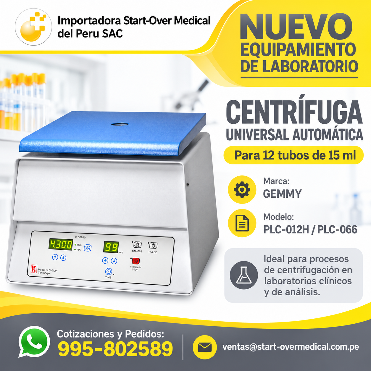 Centrifuga Universal Automática para 12 Tubos de 15 ml PLC-012H/PLC-066 Gemmy